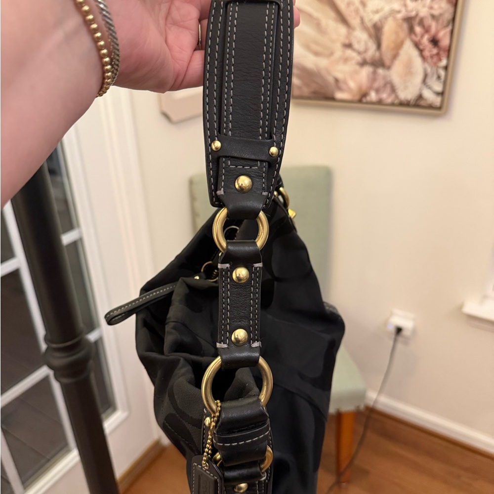 Coach Black Signature Carly Hobo Shoulder Bag with Brass Hardware - Picture 11 of 16
